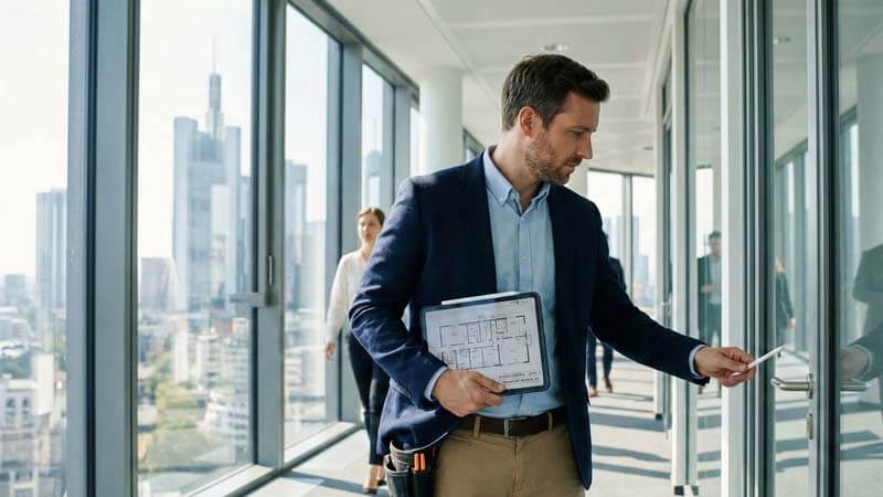 Специалист проверяет установку системы контроля доступа на стеклянной офисной двери